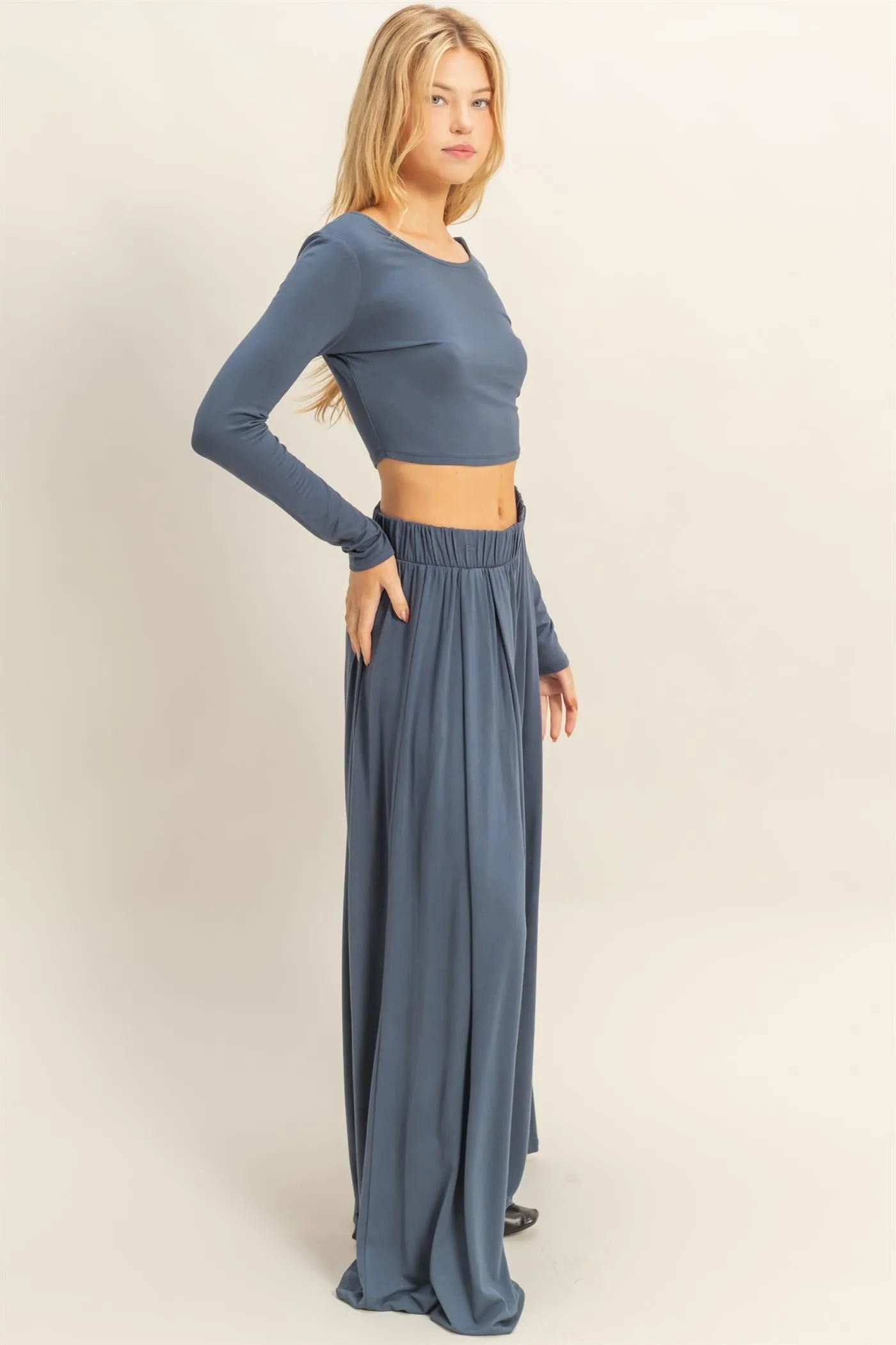 Blue Long-Sleeve Crop Top And Maxi Pants Set sold by Pinkblush product image thumbnail 2