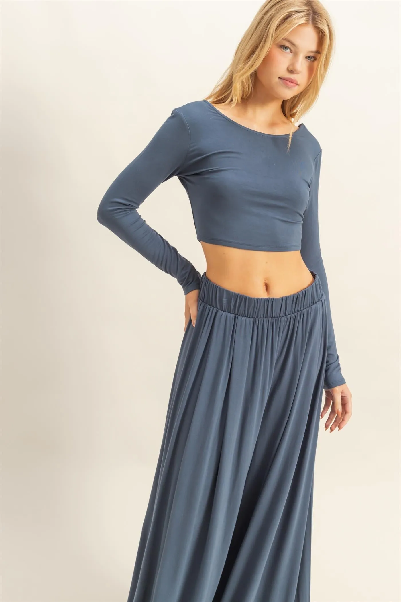 Blue Long-Sleeve Crop Top And Maxi Pants Set sold by Pinkblush product image thumbnail 3