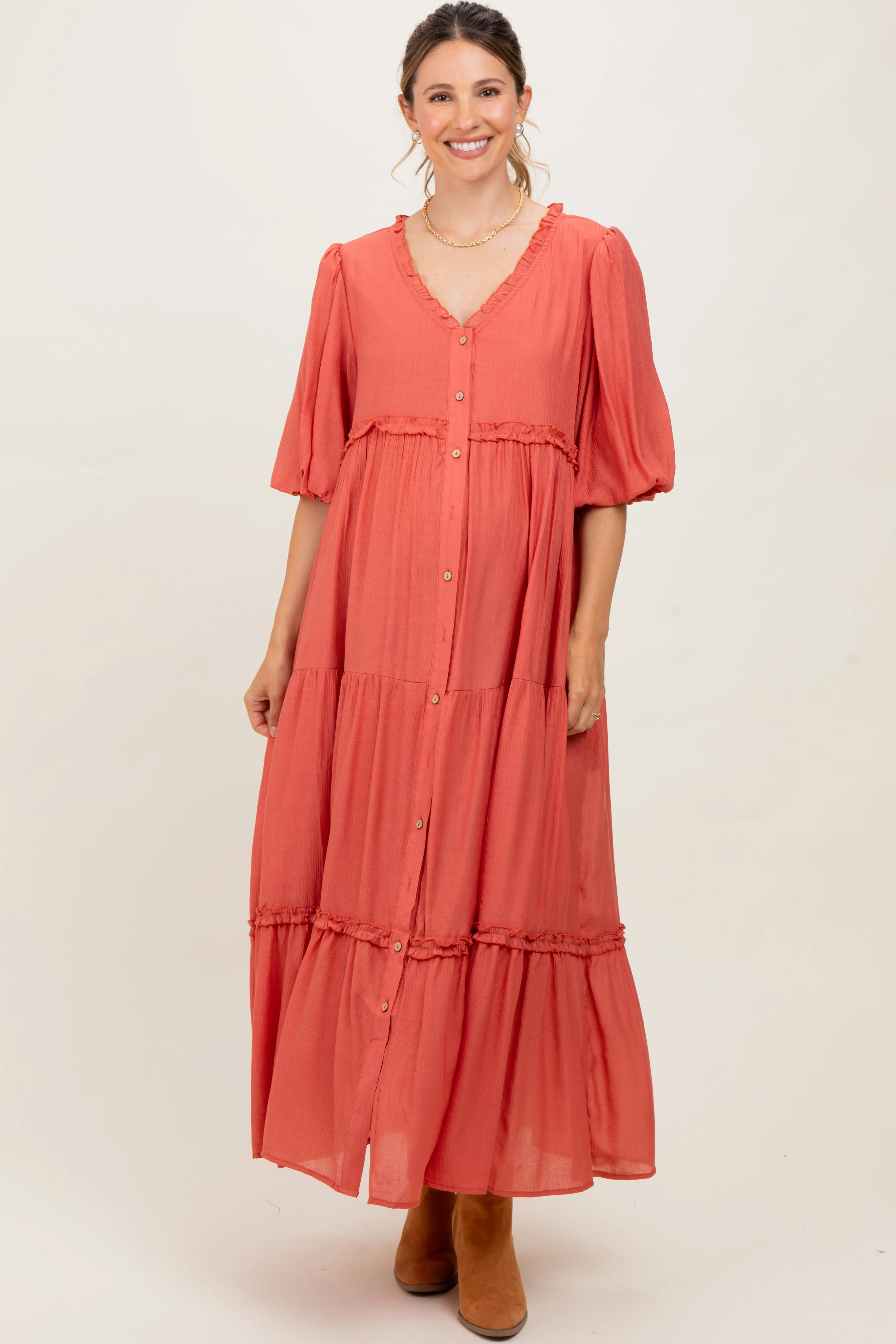 Cinnamon Puff Short Sleeve Crepe Tiered Maternity Maxi Dress sold by Pinkblush