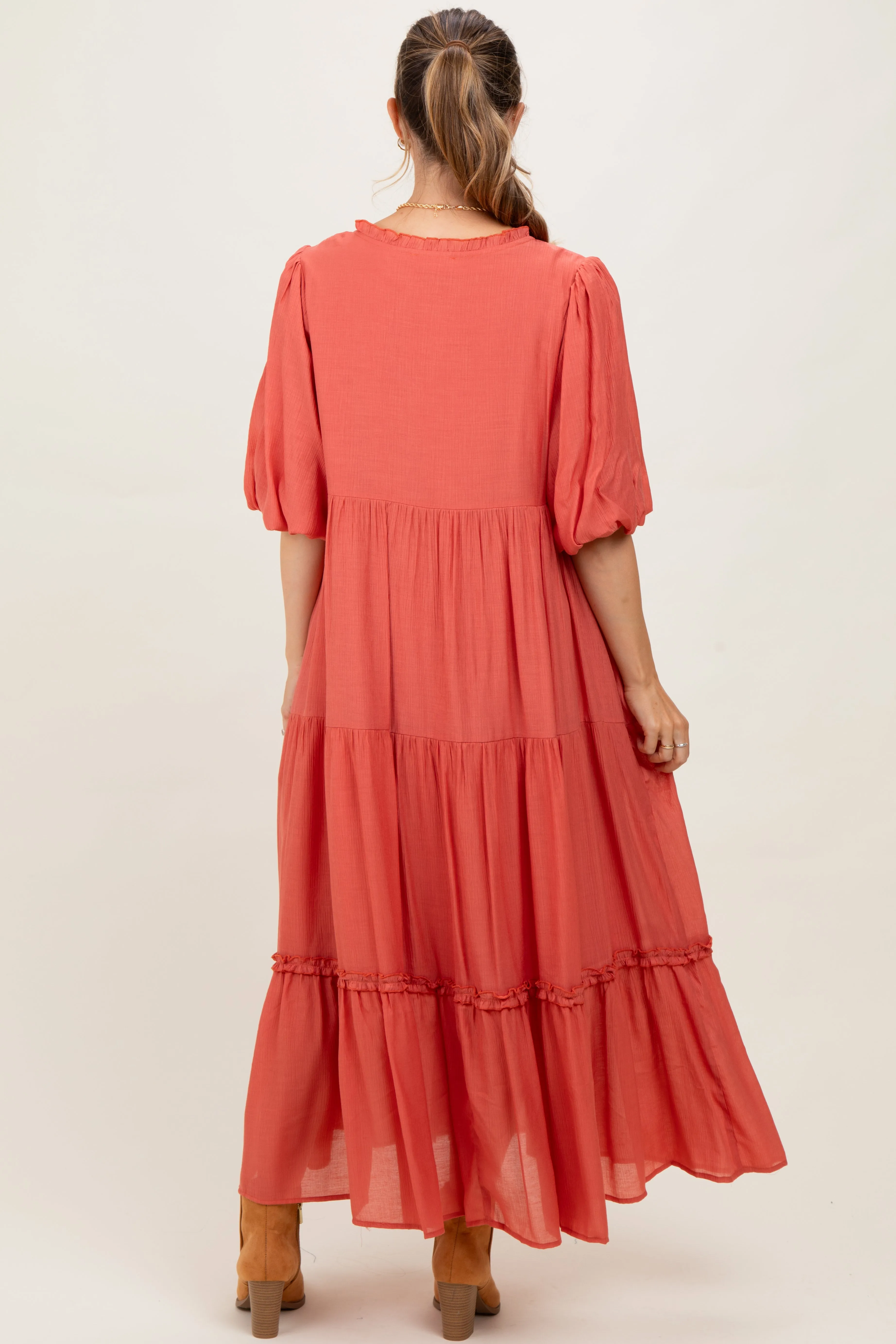 Cinnamon Puff Short Sleeve Crepe Tiered Maternity Maxi Dress sold by Pinkblush product image thumbnail 2
