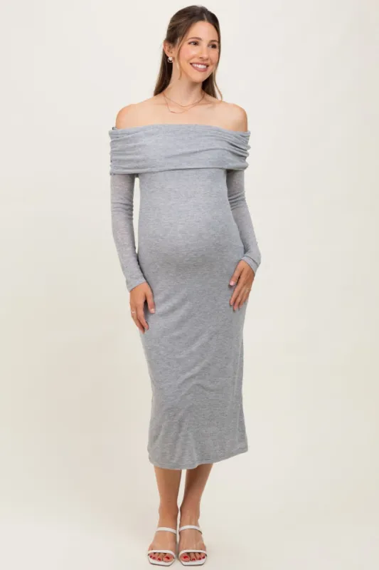 Heather Grey Off Shoulder Long Sleeve Maternity Maxi Dress sold by Pinkblush