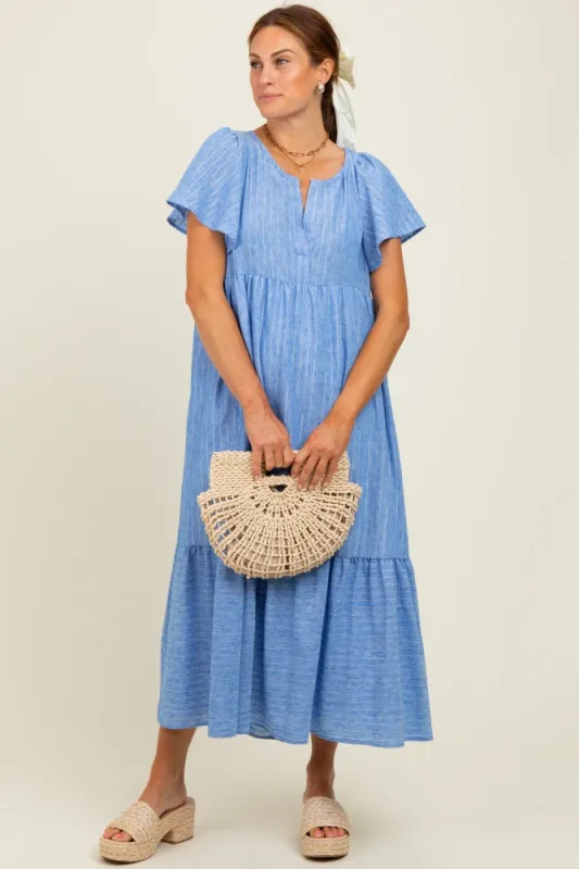 Blue/Silver Striped Short Sleeve V-Neck Tiered Midi Dress sold by Pinkblush