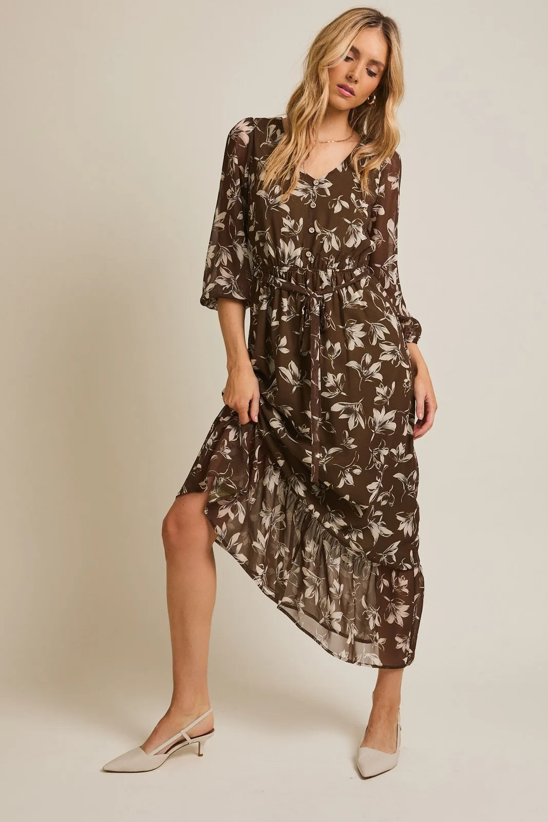 Olive Floral V-Neck Button Up Long Sleeve Maxi Dress sold by Pinkblush product image thumbnail 4
