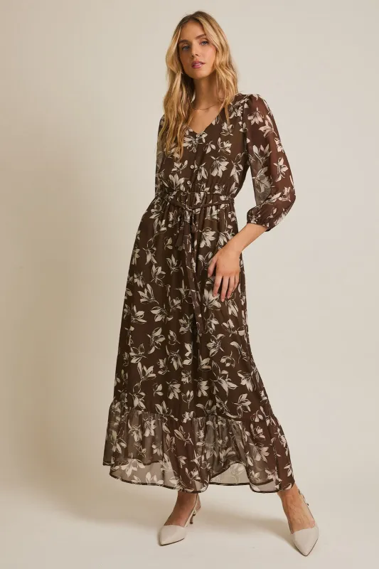 Olive Floral V-Neck Button Up Long Sleeve Maxi Dress sold by Pinkblush