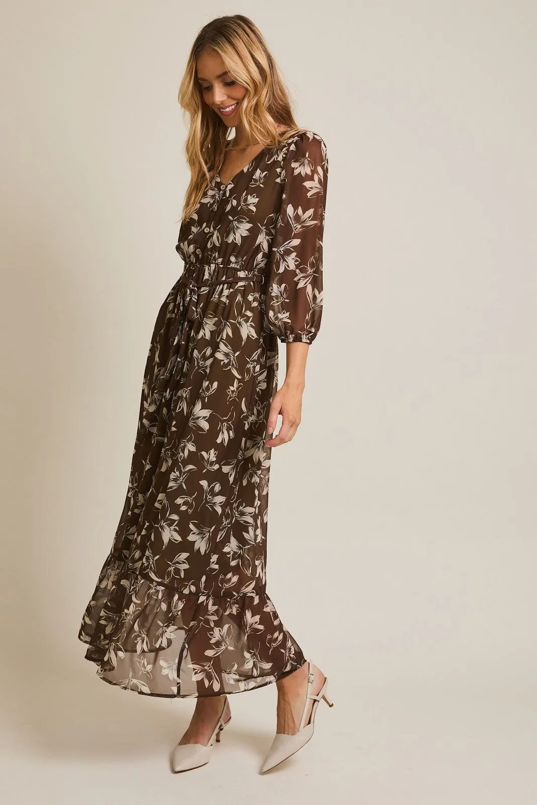 Olive Floral V-Neck Button Up Long Sleeve Maxi Dress sold by Pinkblush product image thumbnail 2