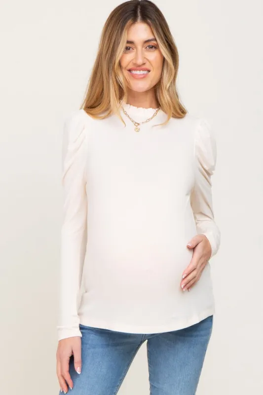 Cream Ruffled Mock Neck Long Sleeve Maternity Top sold by Pinkblush
