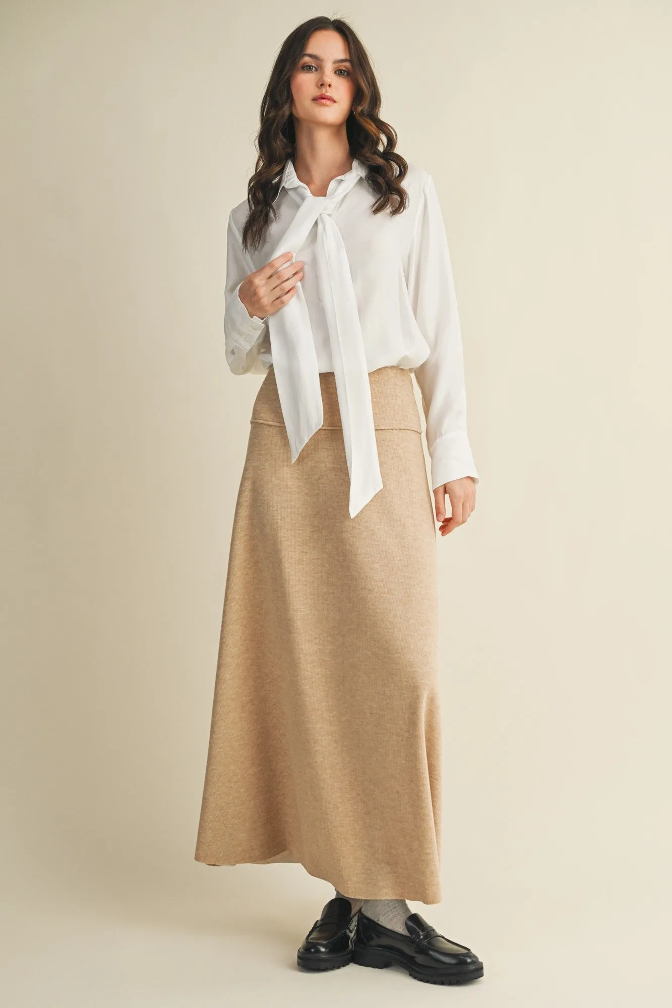 Beige Ribbed Maxi Skirt sold by Pinkblush