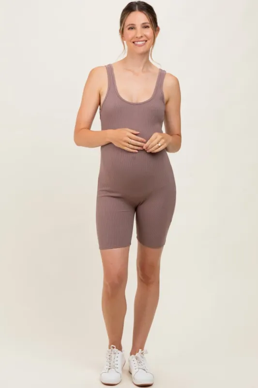 Mocha Ribbed Knit Tank Top Maternity Romper sold by Pinkblush