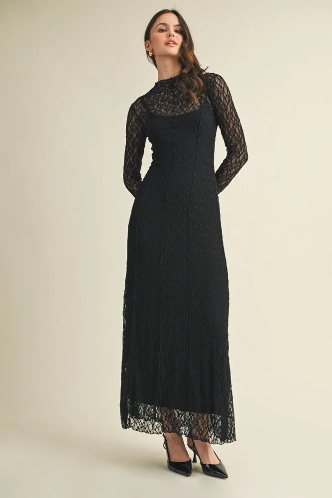 Black Lace Mock Neck Long Sleeve Maxi Dress sold by Pinkblush