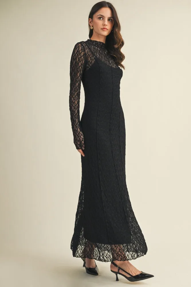 Black Lace Mock Neck Long Sleeve Maxi Dress sold by Pinkblush product image thumbnail 2