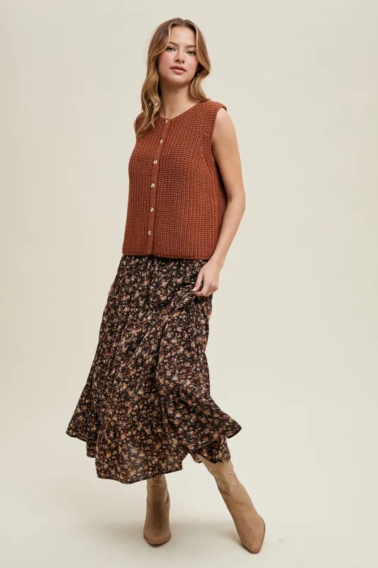 Brown Floral Smocked Waist Maxi Skirt sold by Pinkblush