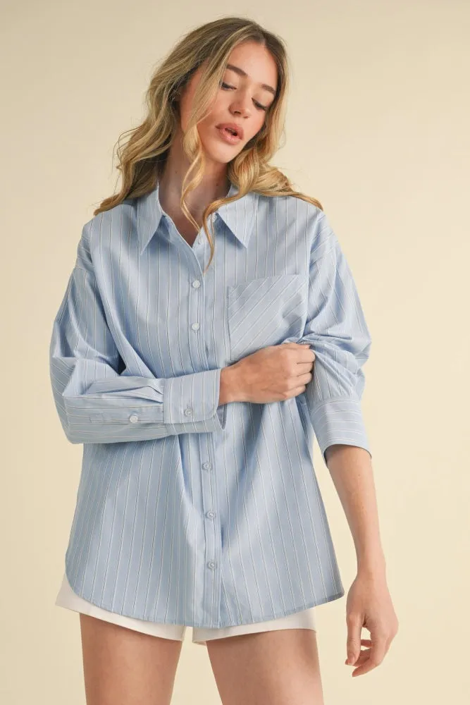 Light Blue Striped Button Down Oversized Shirt sold by Pinkblush product image thumbnail 3