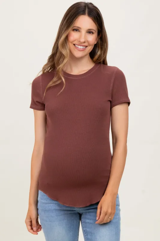 Brown Ribbed Short Sleeve Curved Hem Maternity Top sold by Pinkblush