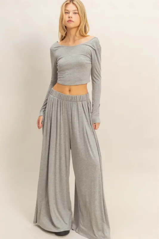 Heather Gray Long-Sleeve Crop Top And Maxi Pants Set sold by Pinkblush