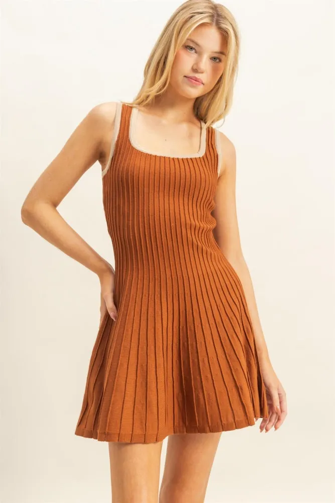 Rust Sleeveless Ribbed Flare Dress sold by Pinkblush