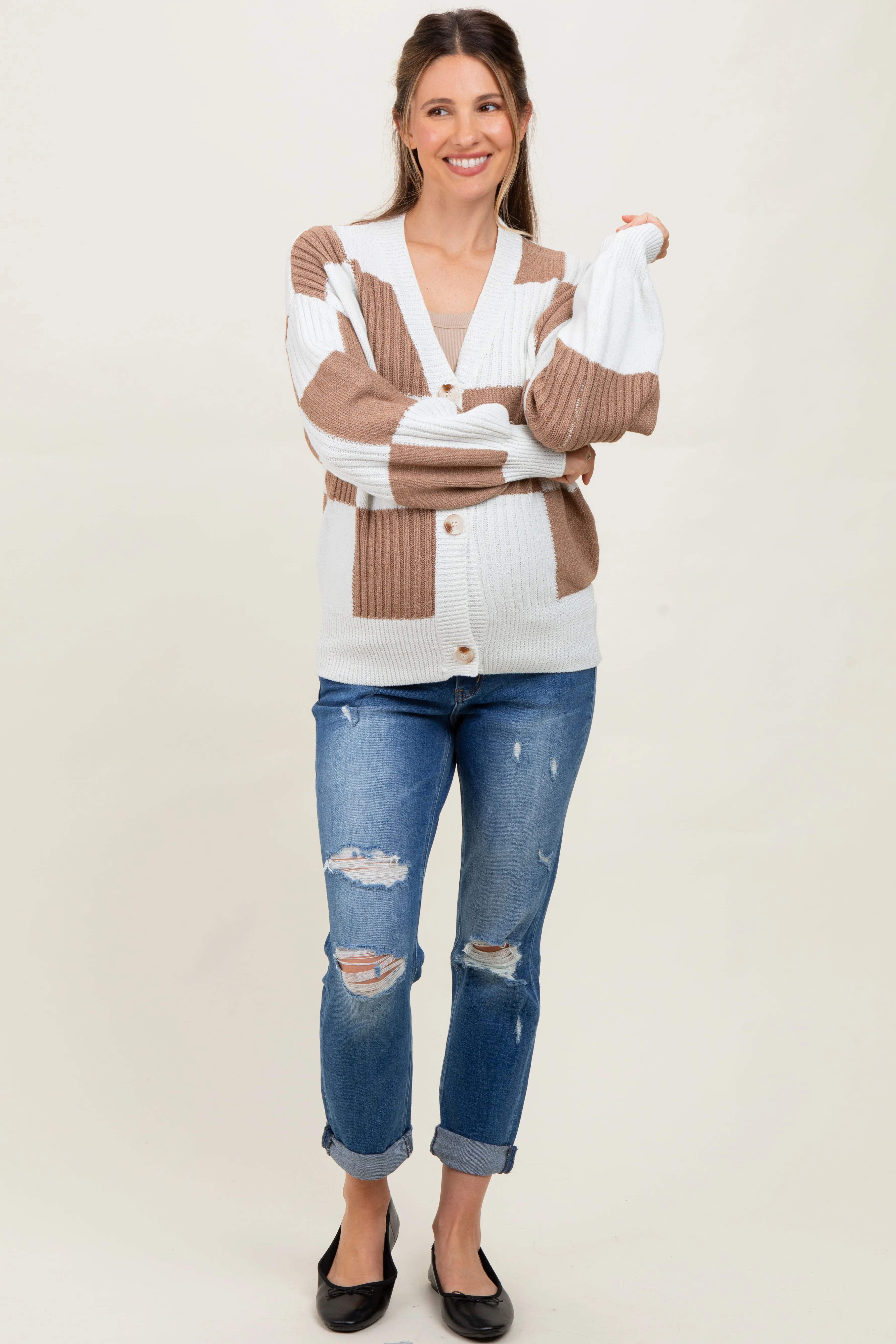 Mocha Checkered Rib Bubble Sleeve Button Maternity Cardigan sold by Pinkblush product image thumbnail 2