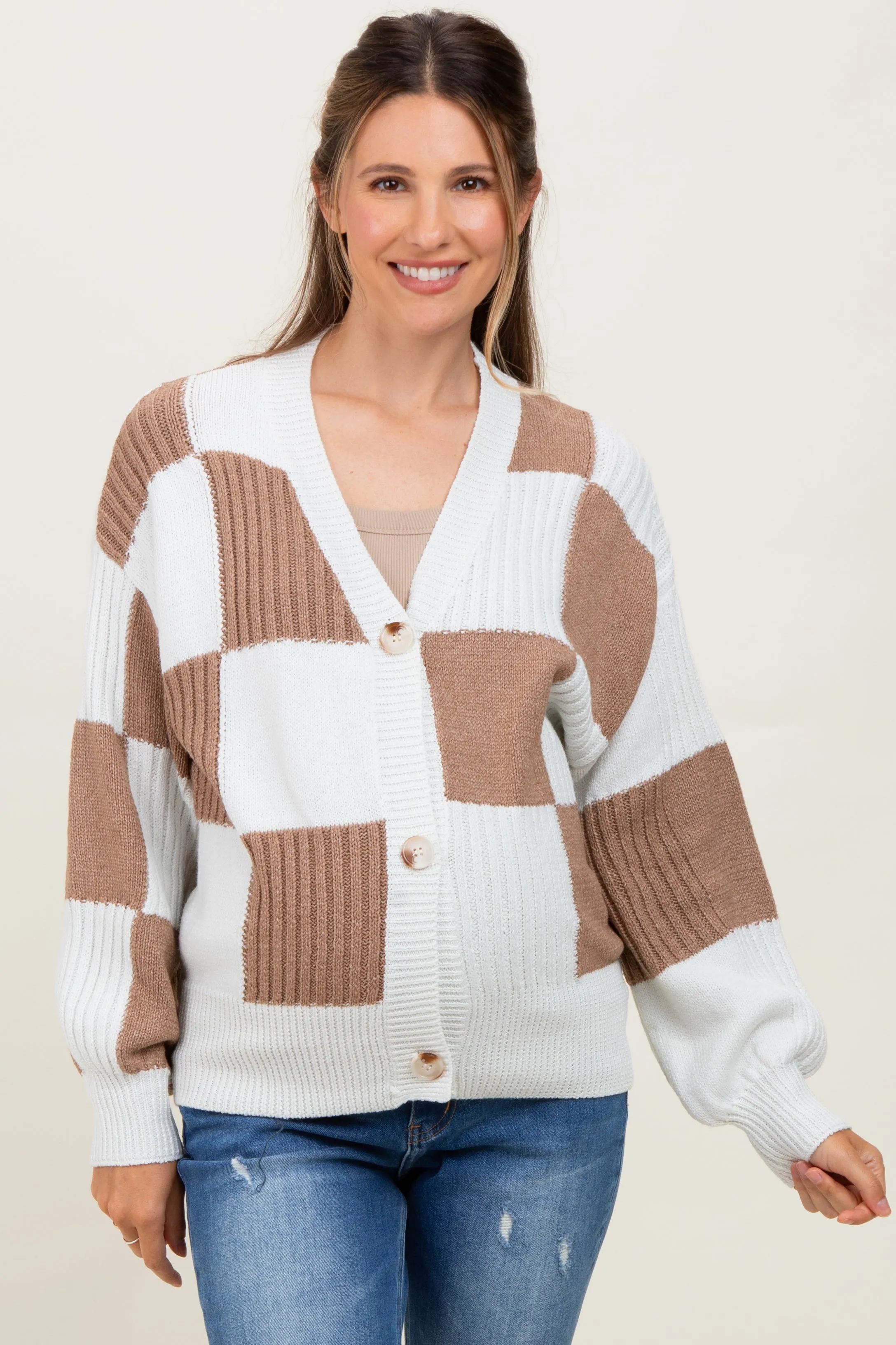 Mocha Checkered Rib Bubble Sleeve Button Maternity Cardigan sold by Pinkblush