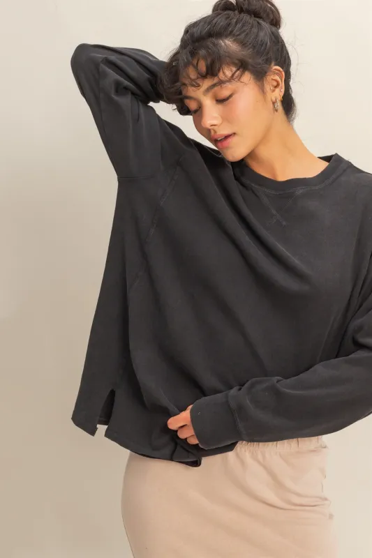 Black Mineral Washed Drop Shoulder Long Sleeve Top sold by Pinkblush