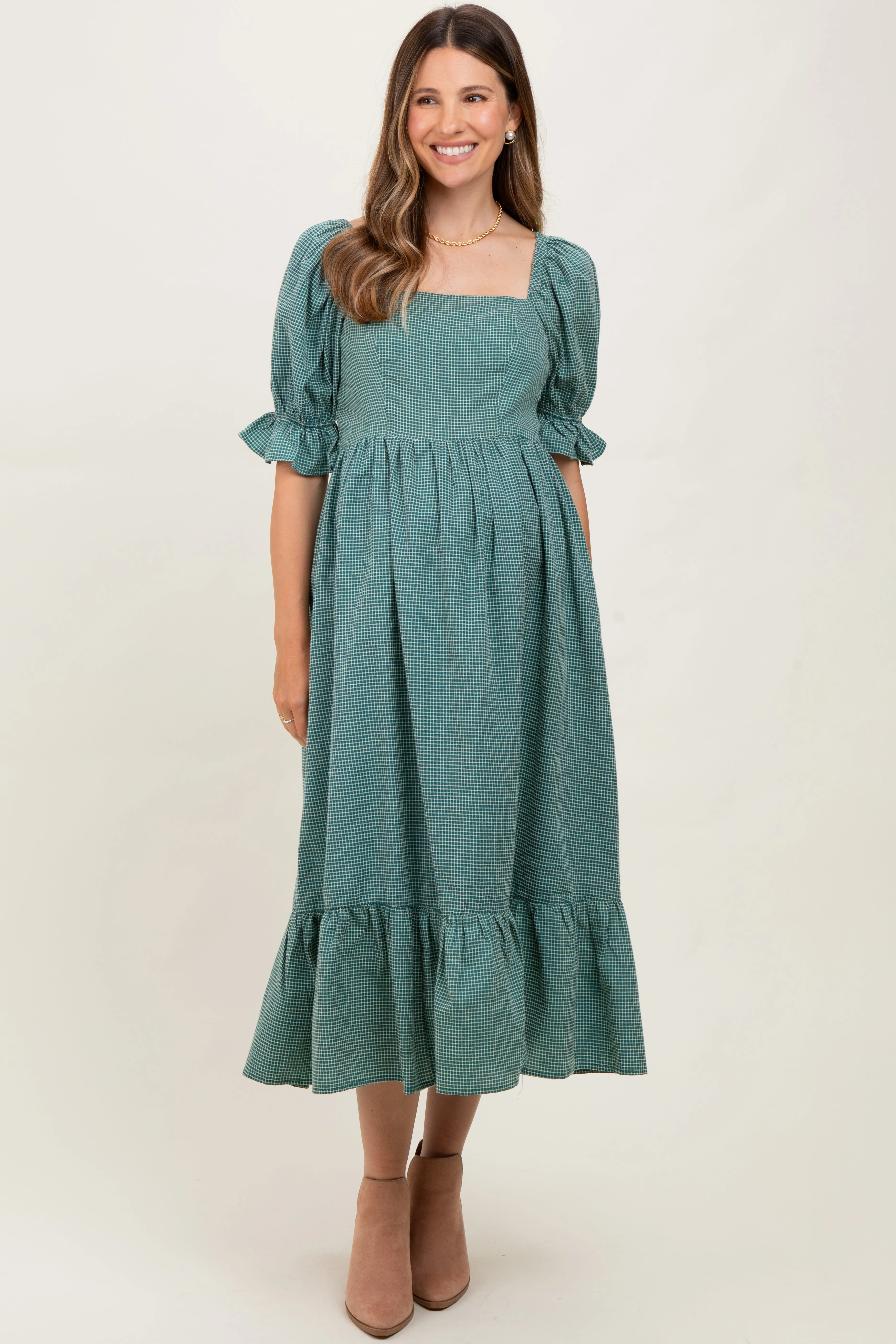 Teal Gingham Square Neck Maternity Midi Dress sold by Pinkblush