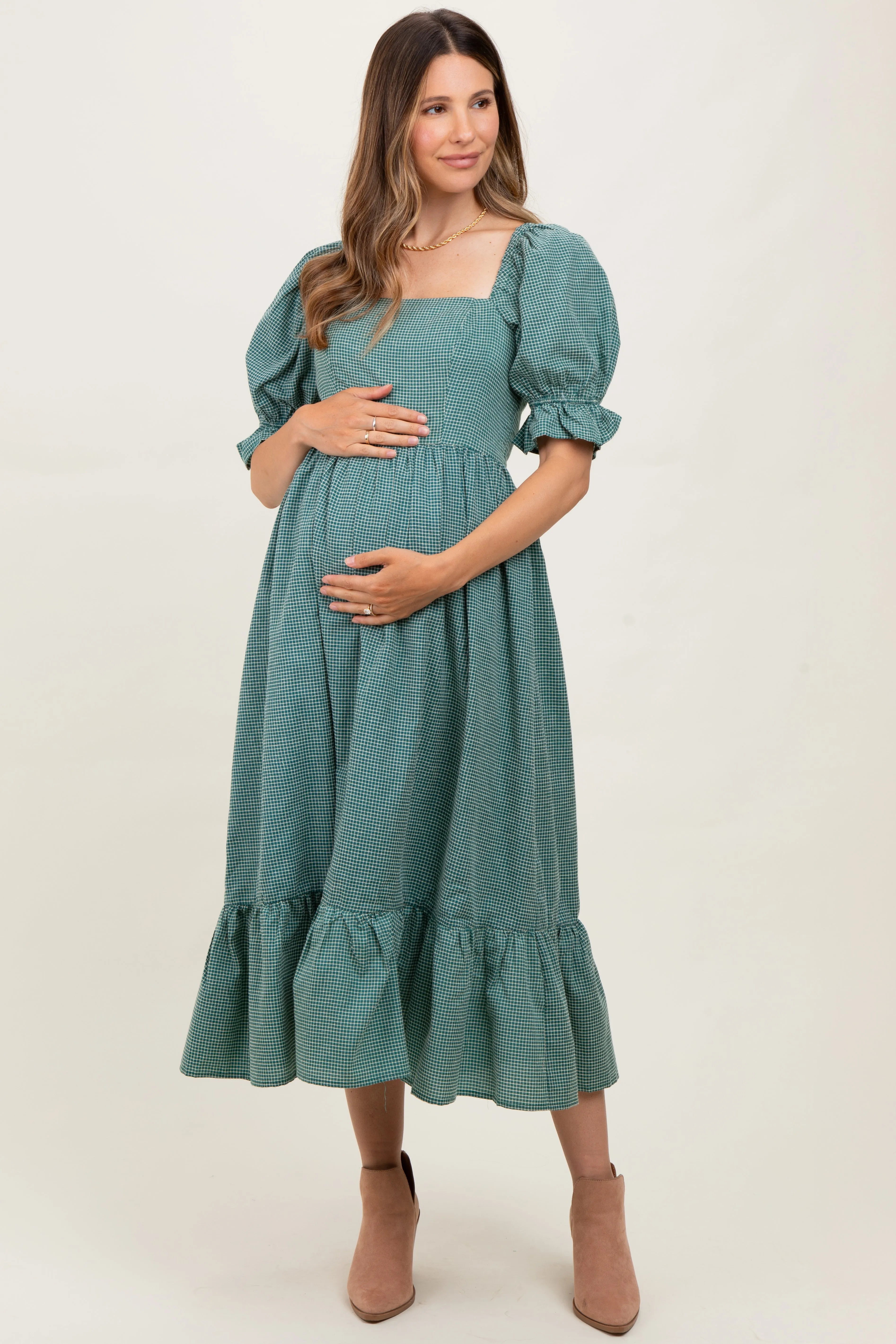 Teal Gingham Square Neck Maternity Midi Dress sold by Pinkblush product image thumbnail 2