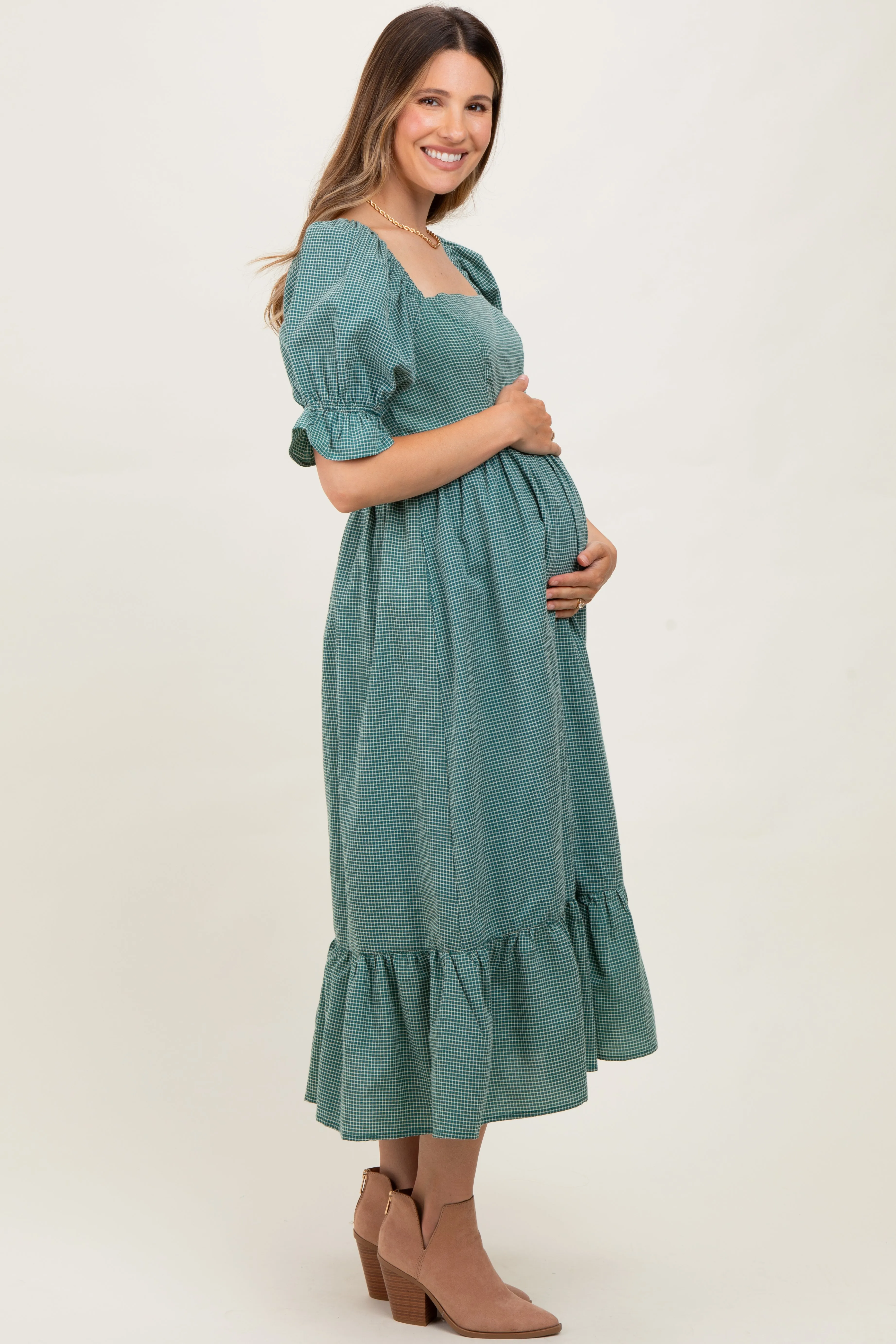Teal Gingham Square Neck Maternity Midi Dress sold by Pinkblush product image thumbnail 3