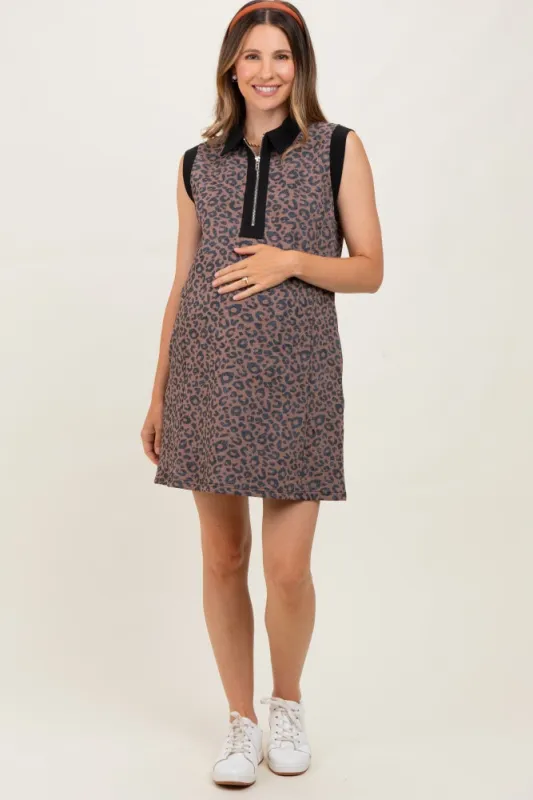 Brown Animal Print Front Zip Sleeveless Maternity Dress sold by Pinkblush