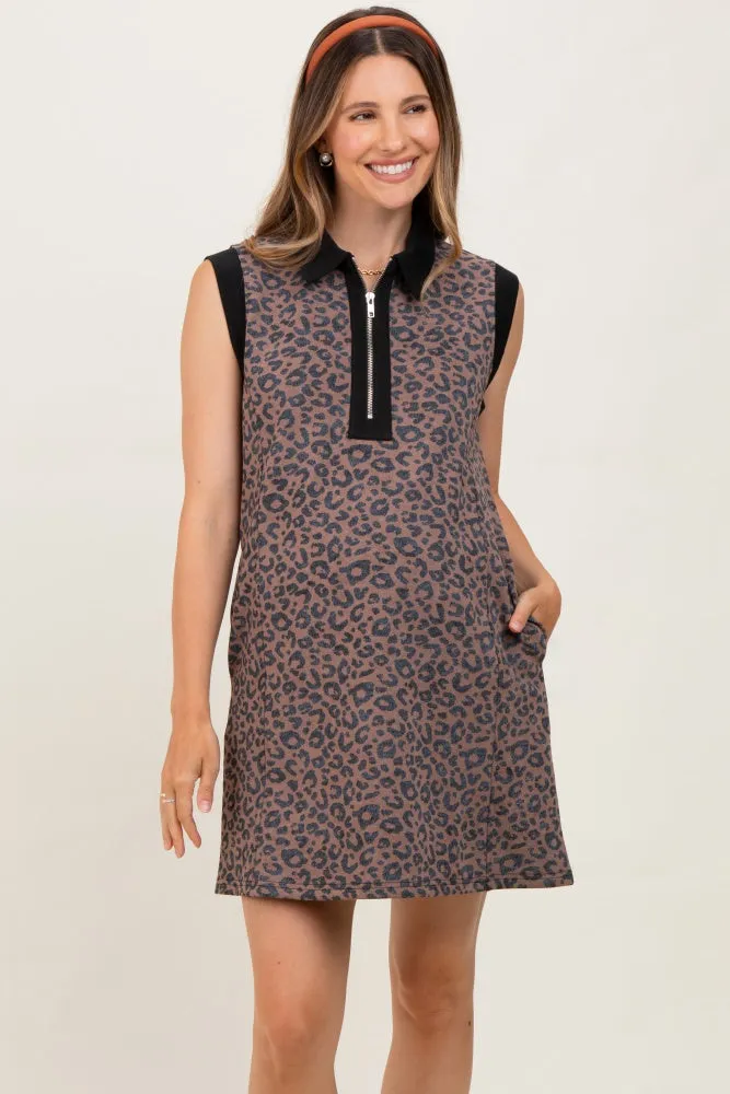 Brown Animal Print Front Zip Sleeveless Maternity Dress sold by Pinkblush product image thumbnail 2