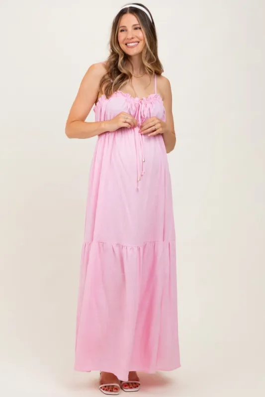 Light Pink Gathered Front Tie Maternity Maxi Dress sold by Pinkblush