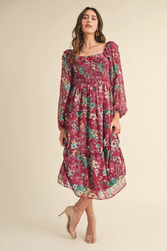 Burgundy Floral Chiffon Smocked Ruffle Tiered Midi Dress sold by Pinkblush