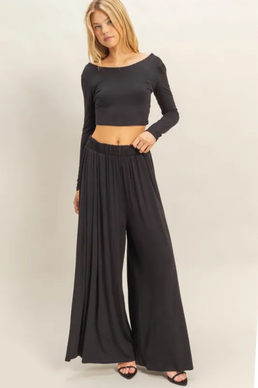Black Long-Sleeve Crop Top And Maxi Pants Set sold by Pinkblush