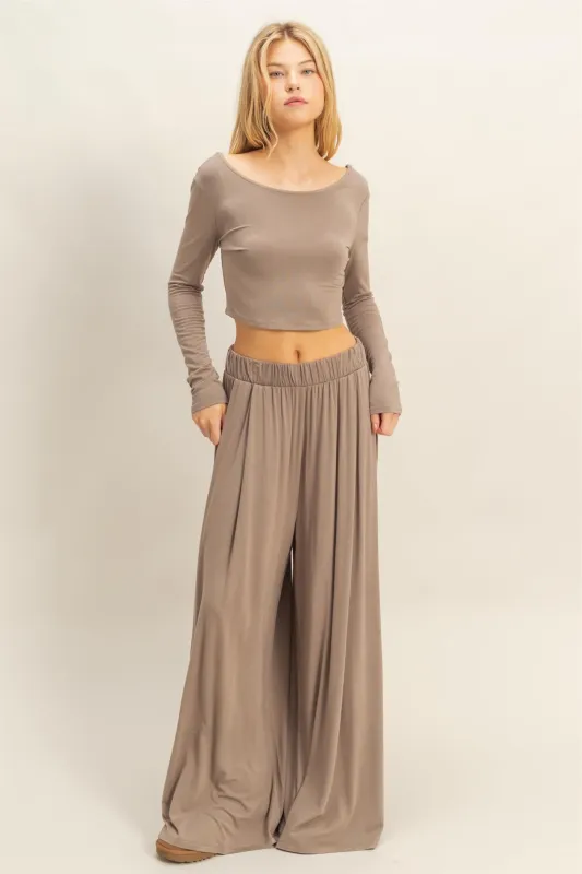 Mocha Long-Sleeve Crop Top And Maxi Pants Set sold by Pinkblush