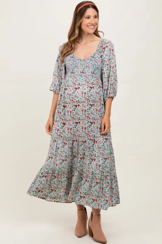 Light Blue Floral Smocked Sweetheart Neckline Maternity Midi Dress sold by Pinkblush