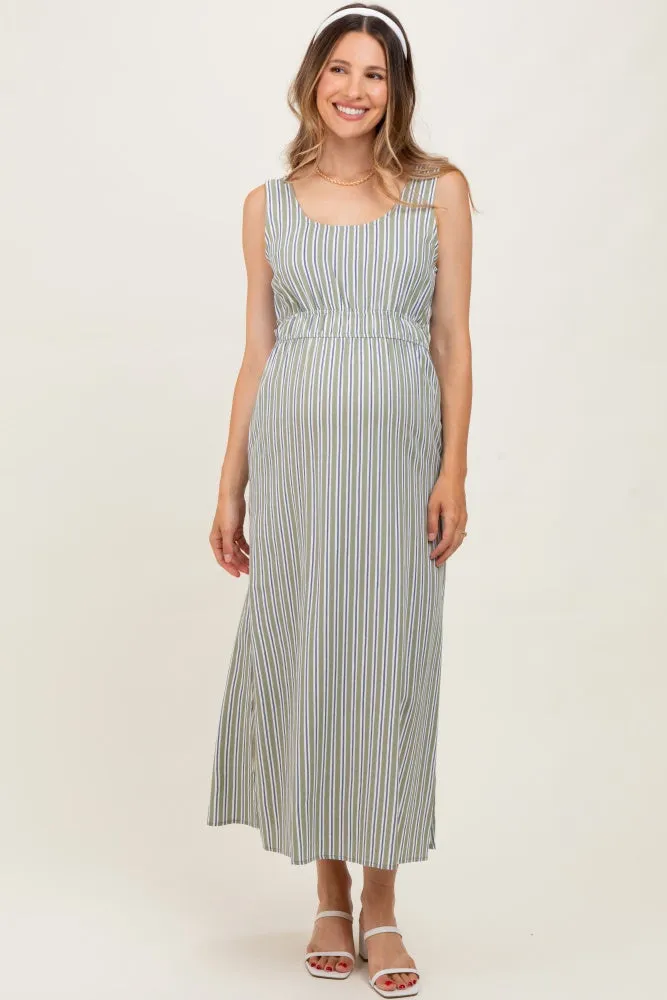 Olive-White Stripe Side Slit Maternity Maxi Dress sold by Pinkblush