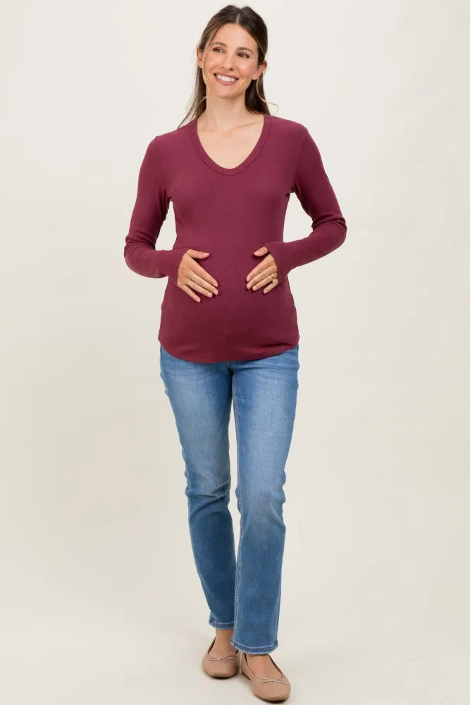 Burgundy Fine Rib V-Neck Maternity Long Sleeve Top sold by Pinkblush product image thumbnail 2
