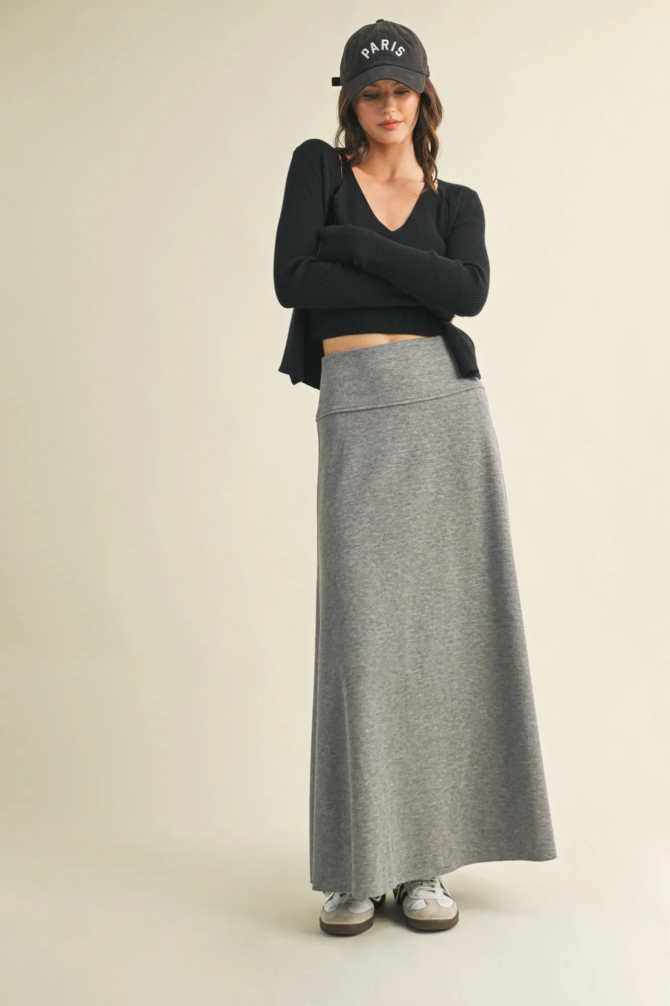 Heather Grey Ribbed Maxi Skirt sold by Pinkblush