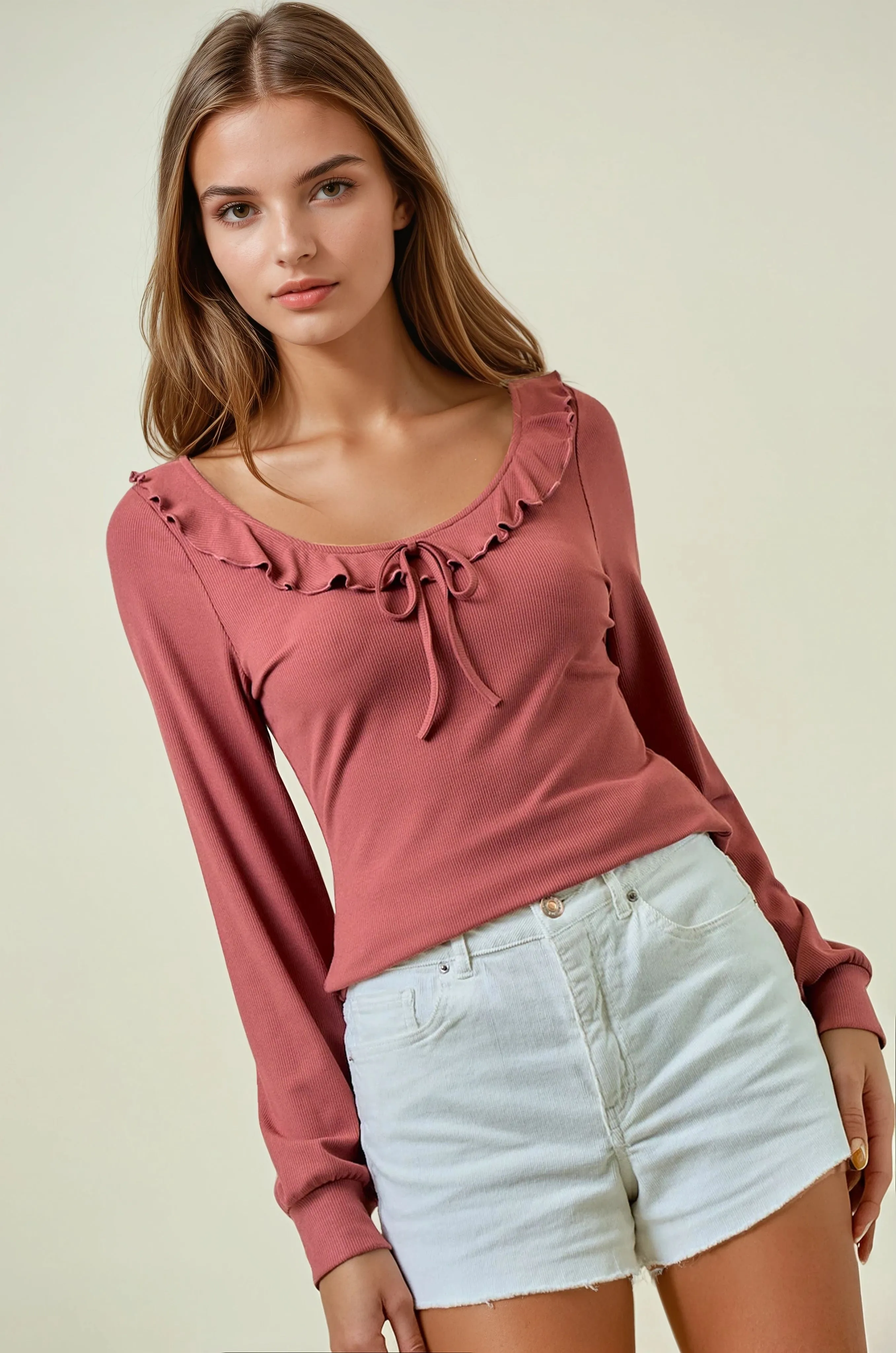 Mauve Ruffle Tie Detail Long Sleeve Top sold by Pinkblush