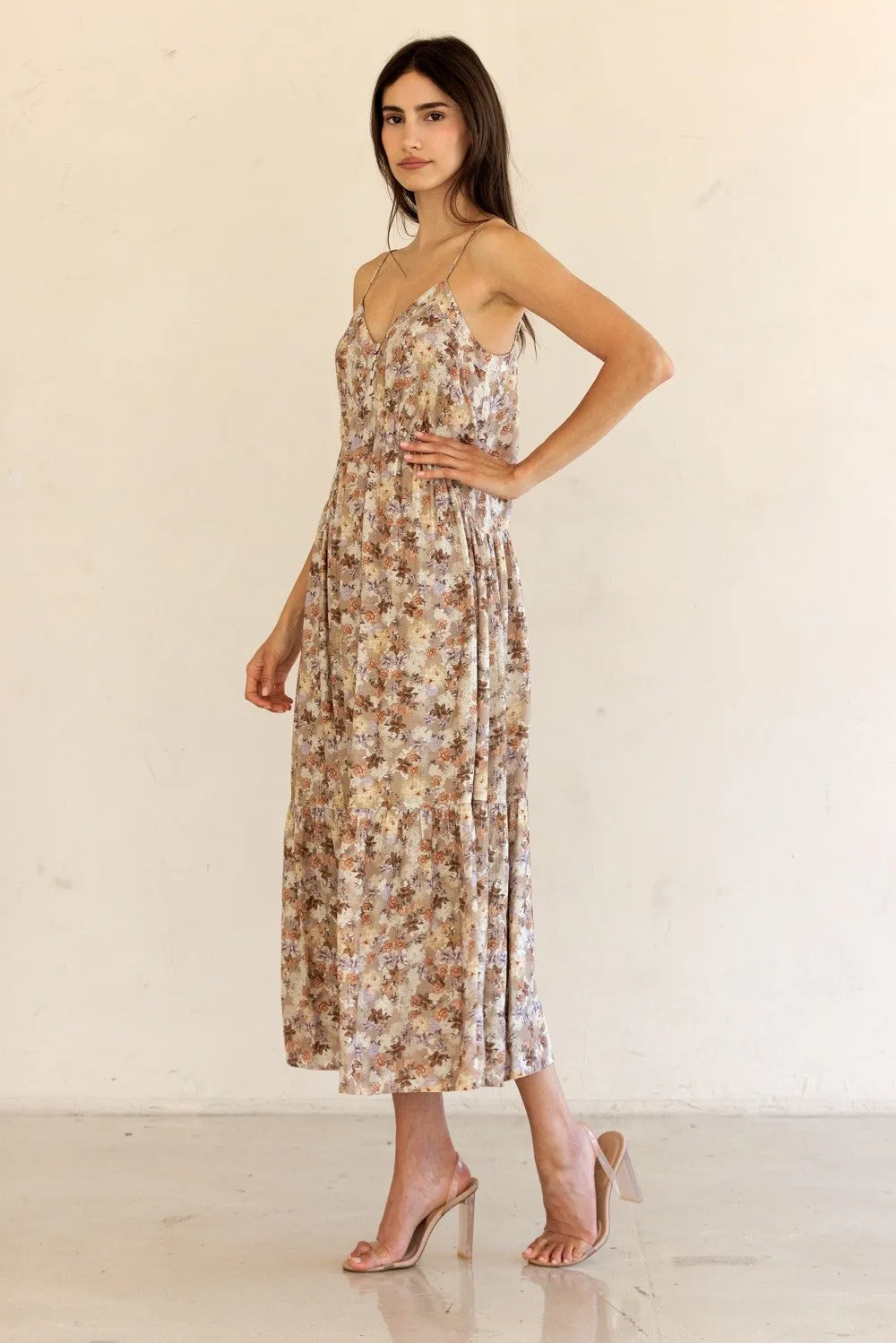 Taupe Floral Front Button Sleeveless Midi Dress sold by Pinkblush product image thumbnail 4