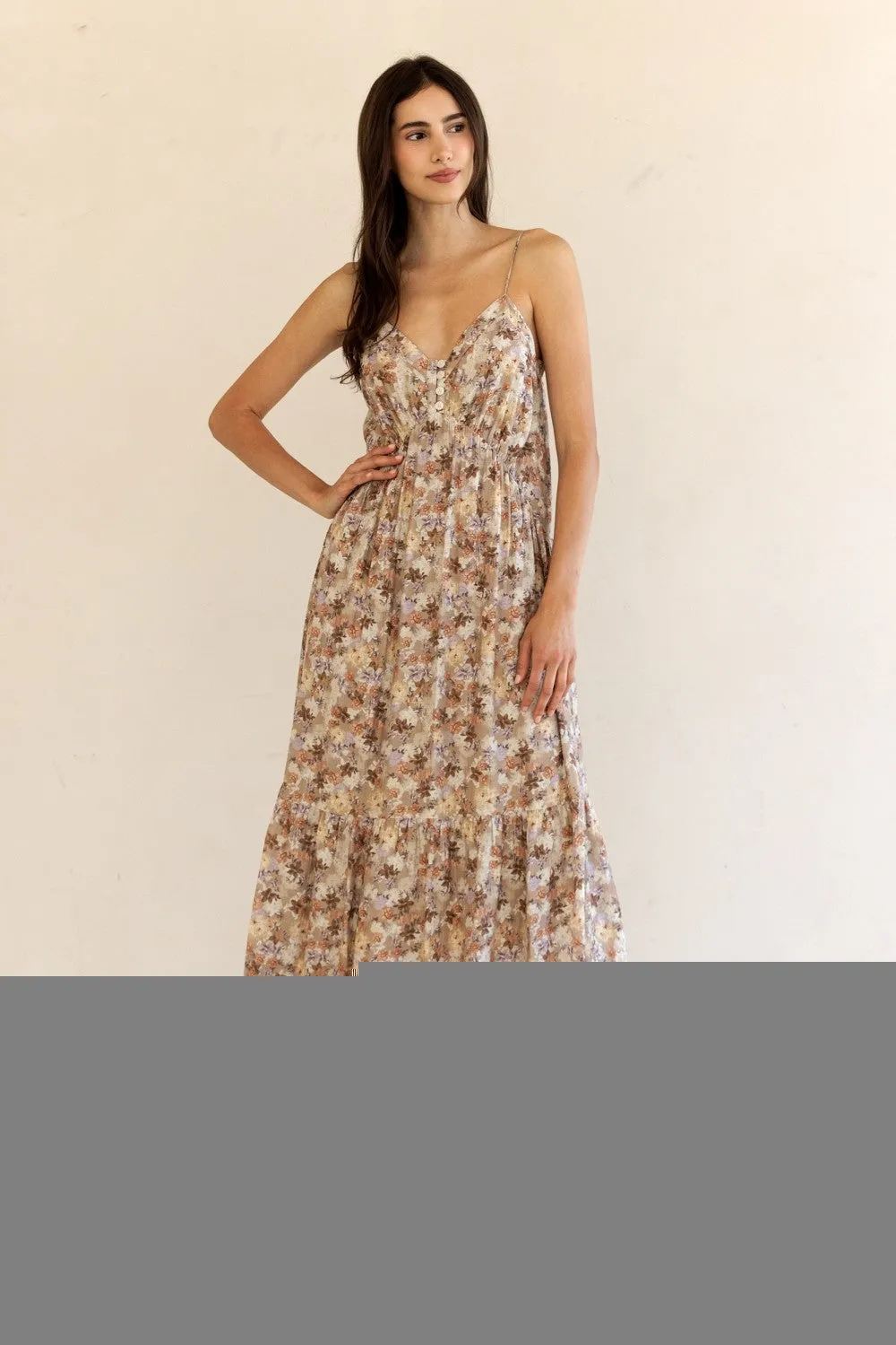 Taupe Floral Front Button Sleeveless Midi Dress sold by Pinkblush
