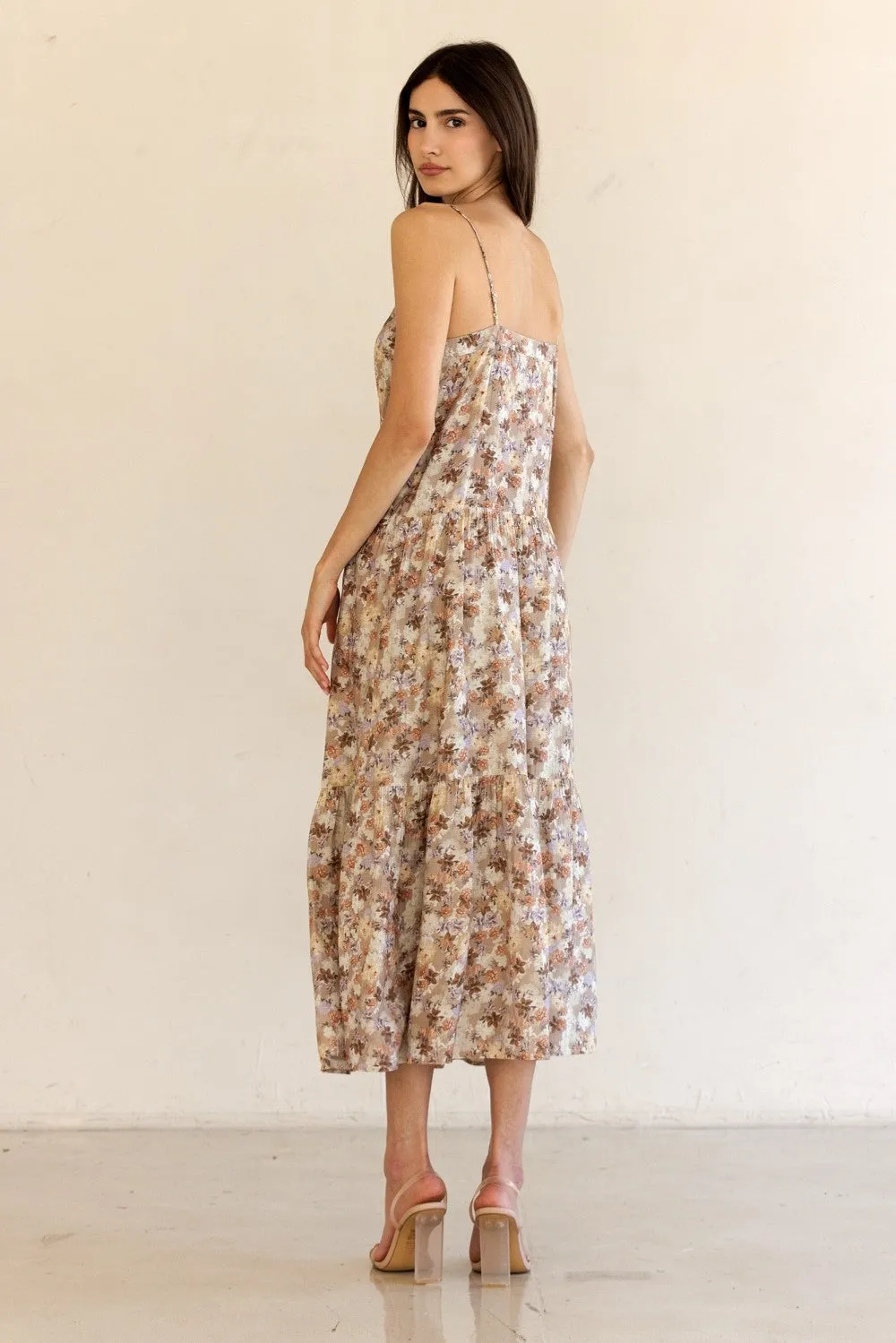 Taupe Floral Front Button Sleeveless Midi Dress sold by Pinkblush product image thumbnail 5