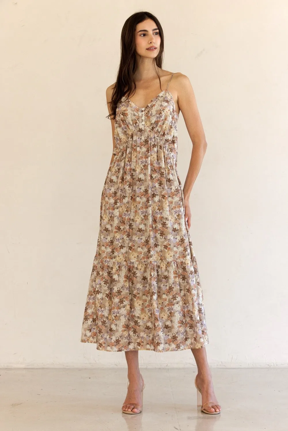 Taupe Floral Front Button Sleeveless Midi Dress sold by Pinkblush product image thumbnail 2