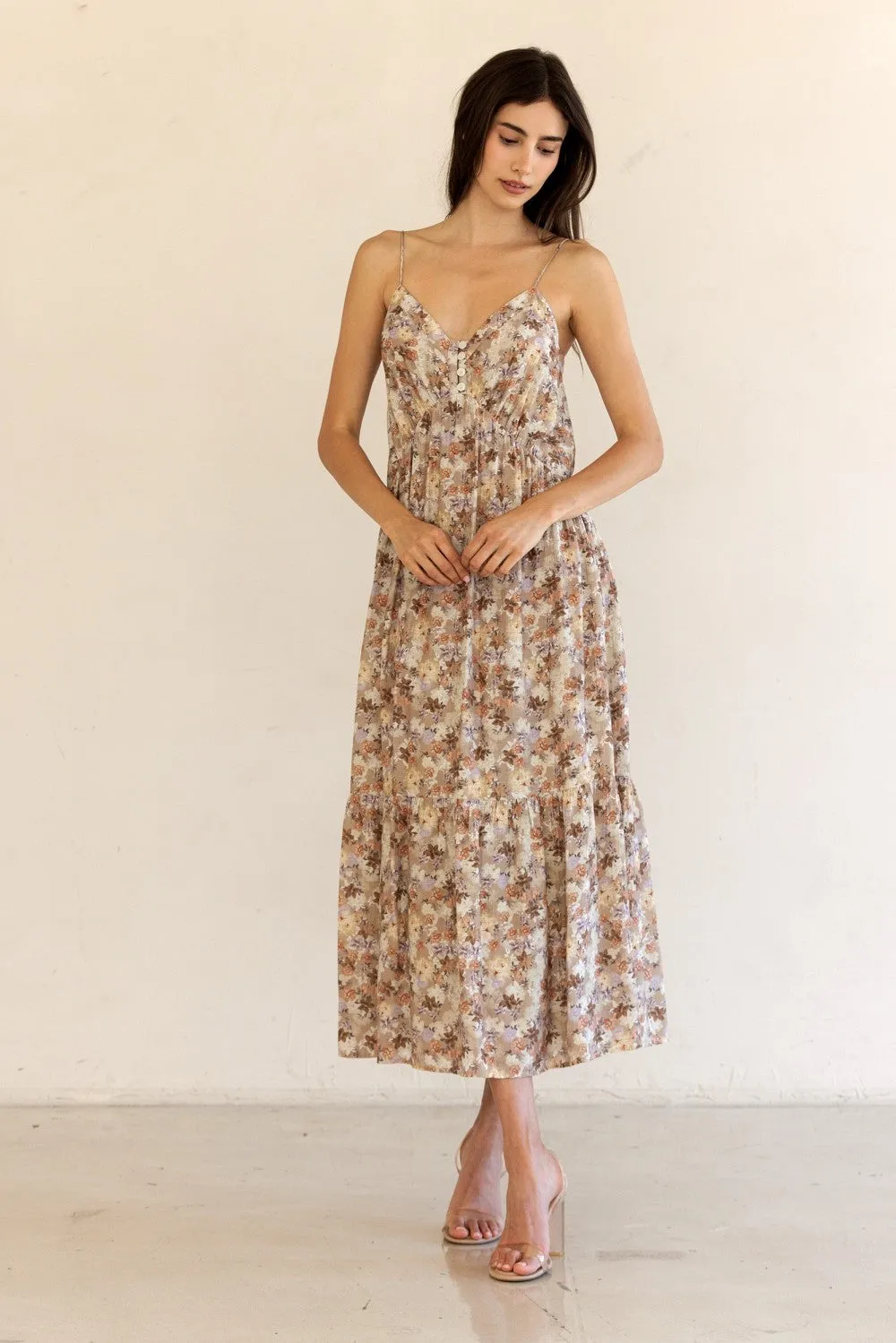 Taupe Floral Front Button Sleeveless Midi Dress sold by Pinkblush product image thumbnail 3
