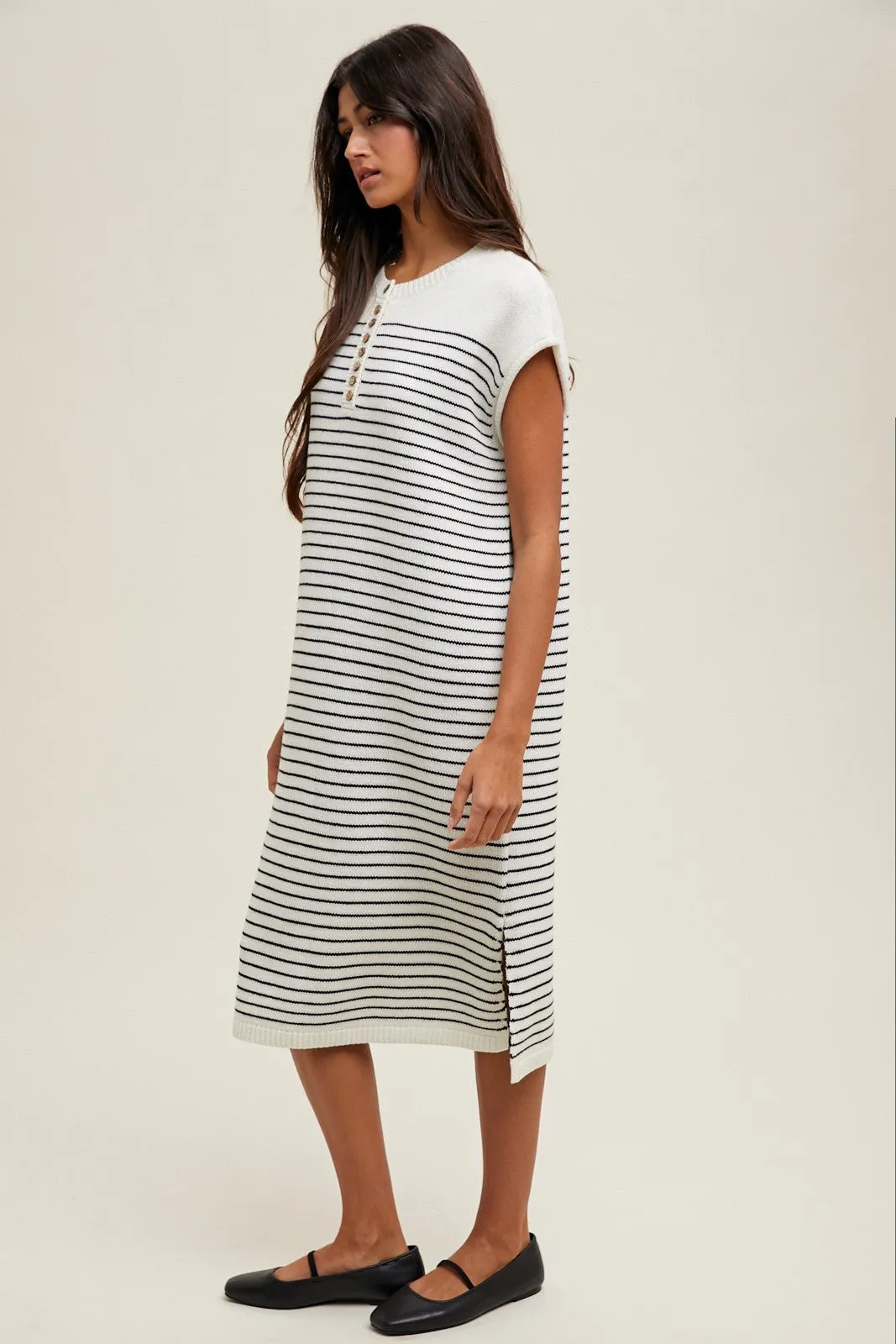 White Striped Knit Button Detail Midi Dress sold by Pinkblush product image thumbnail 2