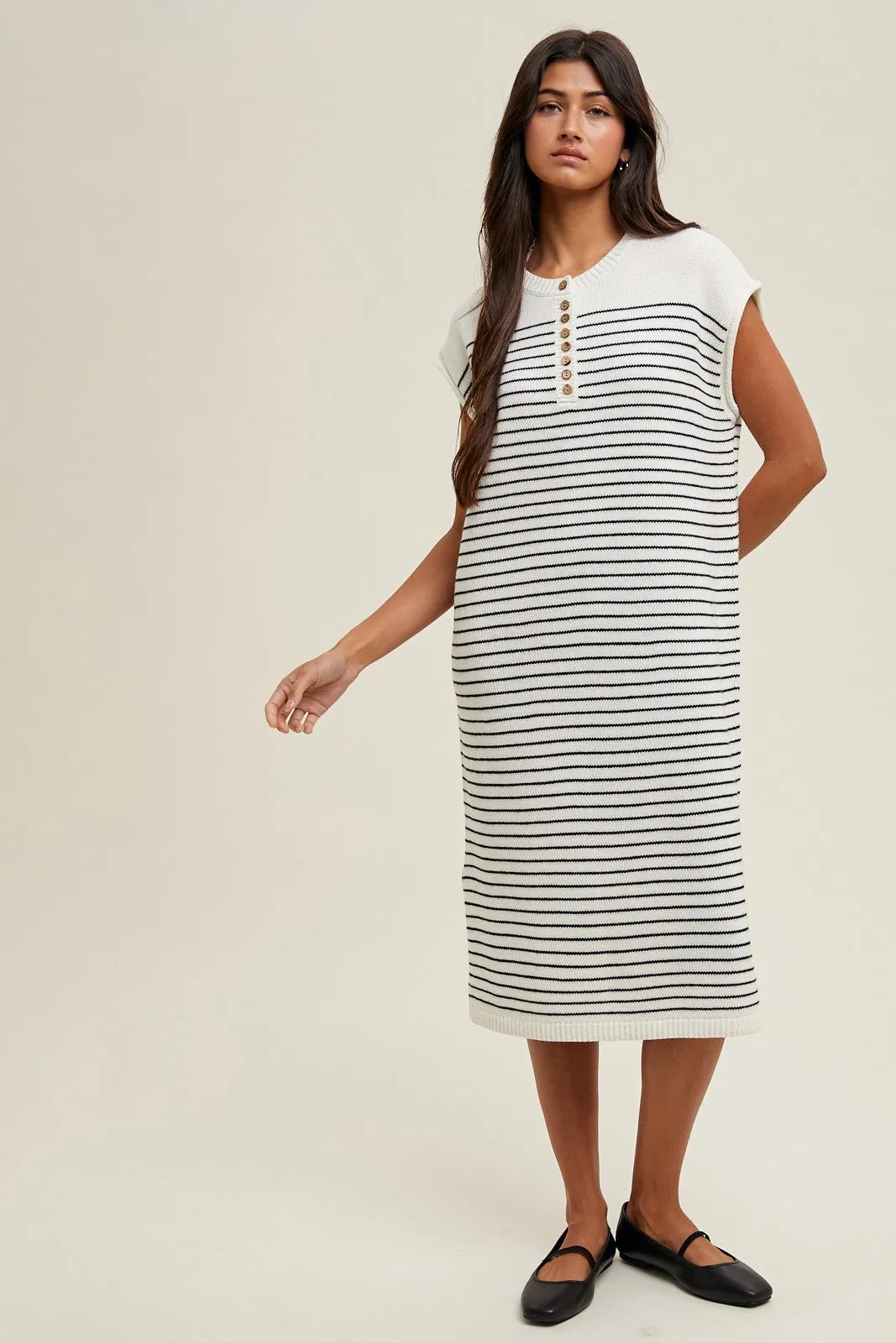 White Striped Knit Button Detail Midi Dress sold by Pinkblush product image thumbnail 4