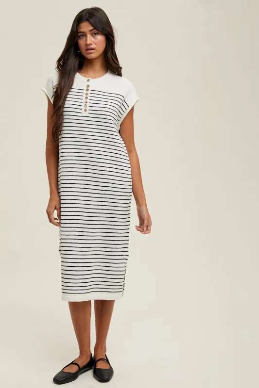 White Striped Knit Button Detail Midi Dress sold by Pinkblush