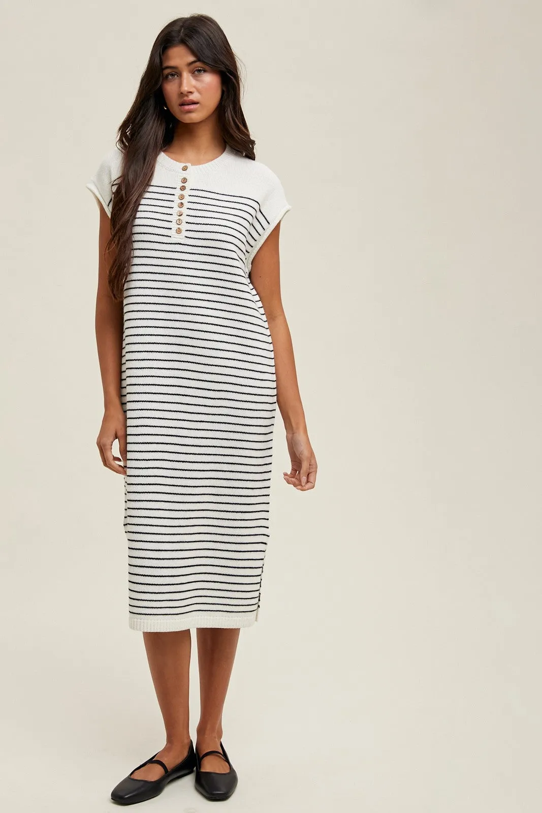 White Striped Knit Button Detail Midi Dress sold by Pinkblush