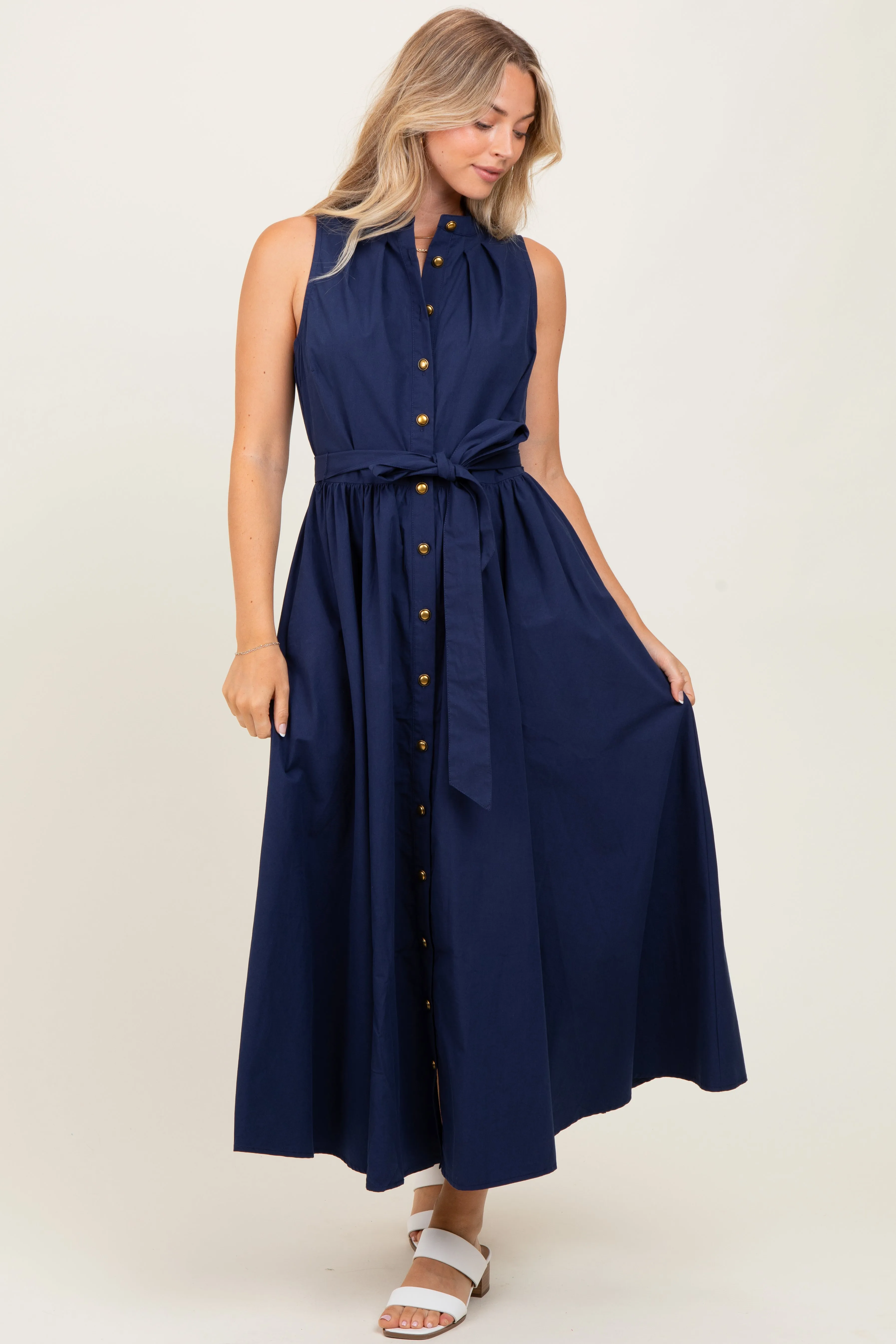 Navy Button Down Sleeveless Maternity Shirt Dress sold by Pinkblush product image thumbnail 4