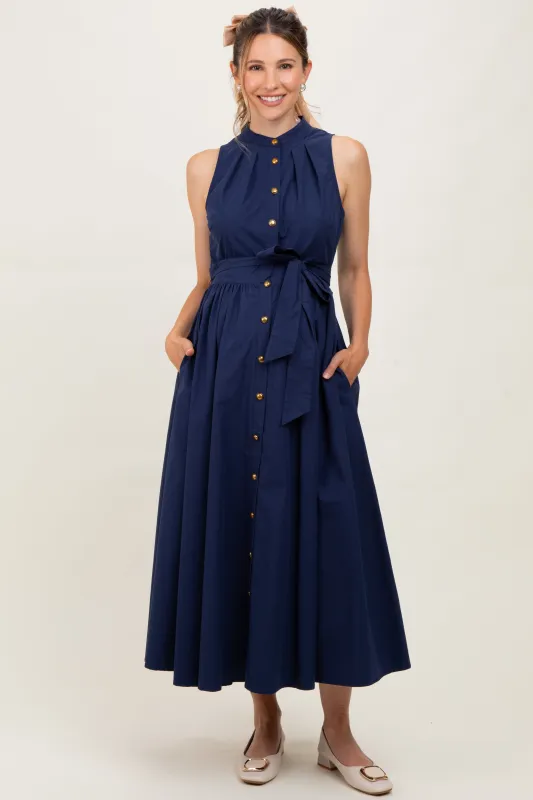 Navy Button Down Sleeveless Maternity Shirt Dress sold by Pinkblush