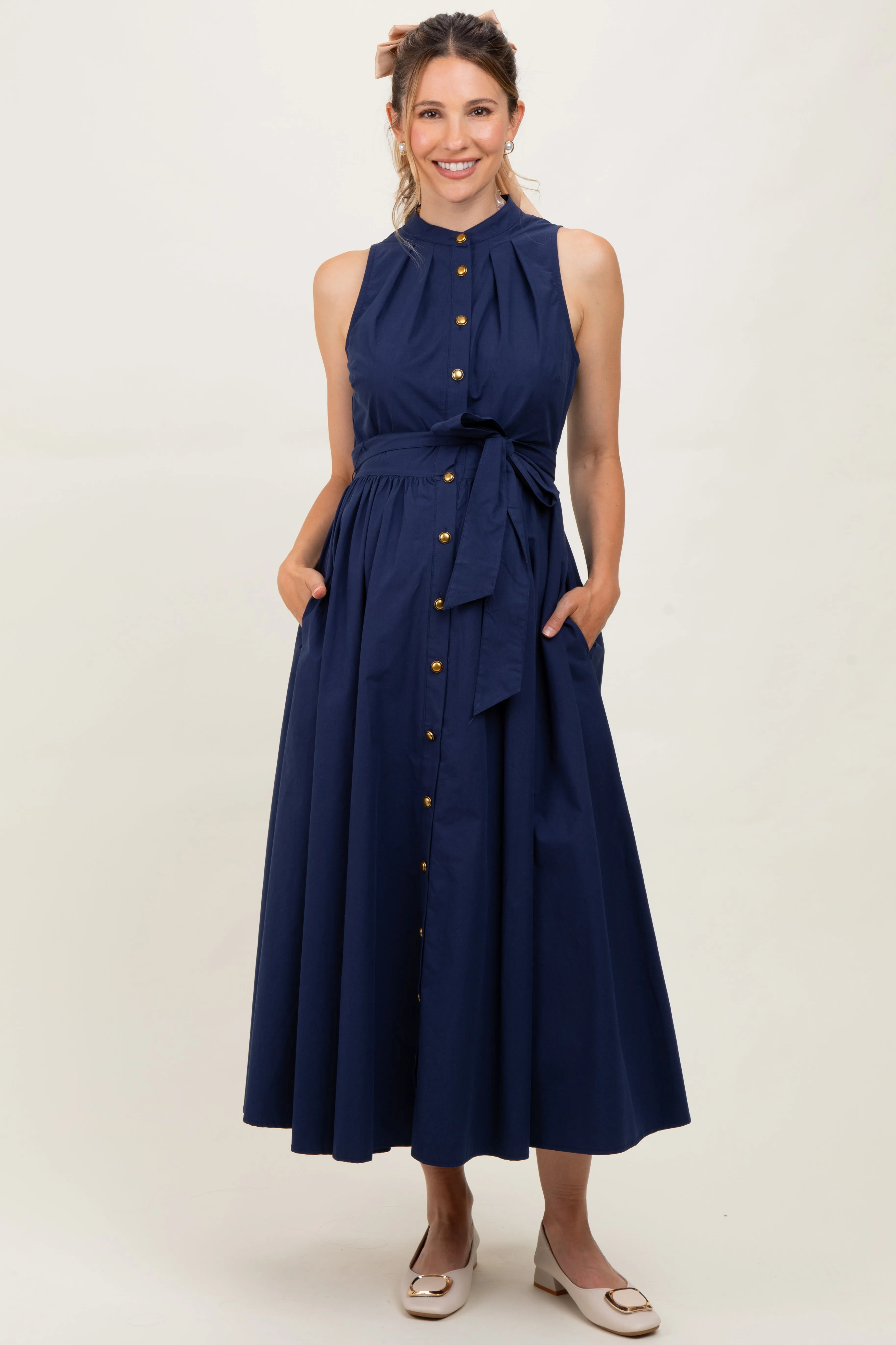 Navy Button Down Sleeveless Maternity Shirt Dress sold by Pinkblush