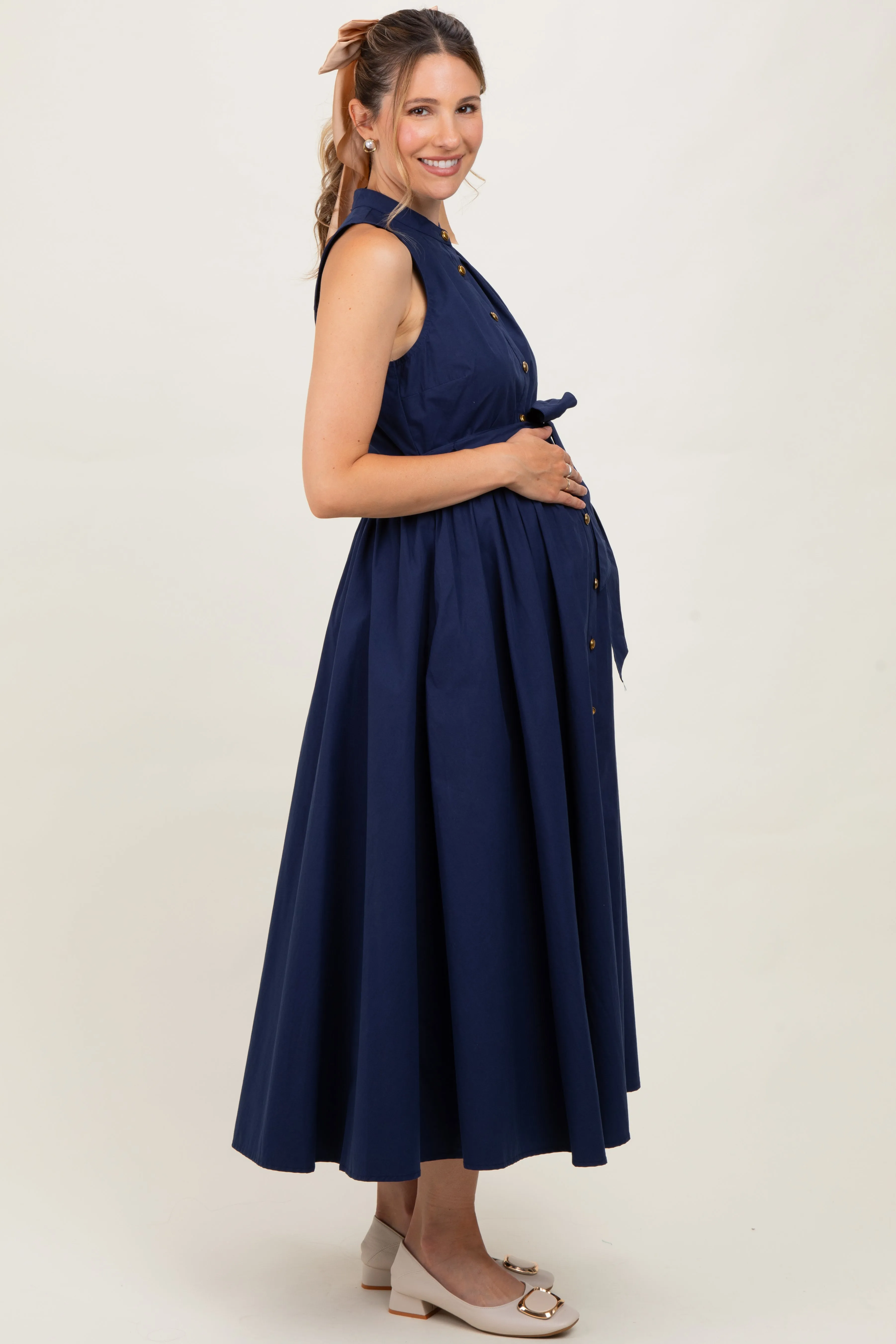 Navy Button Down Sleeveless Maternity Shirt Dress sold by Pinkblush product image thumbnail 2