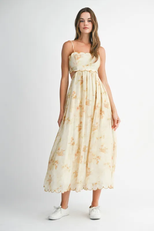 Yellow Faded Floral Scallop Edge Cutout Midi Dress sold by Pinkblush
